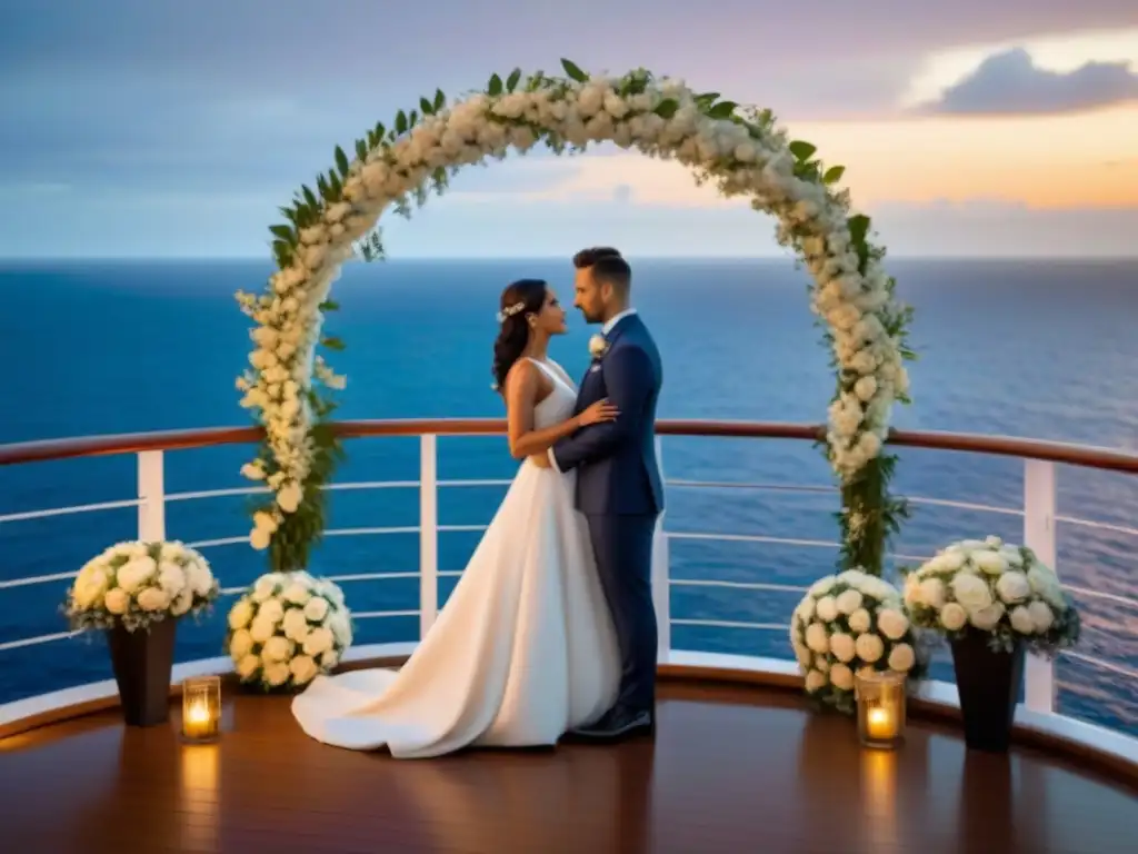 Romántica ceremonia de boda en crucero al atardecer Una íntima boda en crucero exclusivo al atardecer, bajo una arco floral, rodeada de seres queridos
