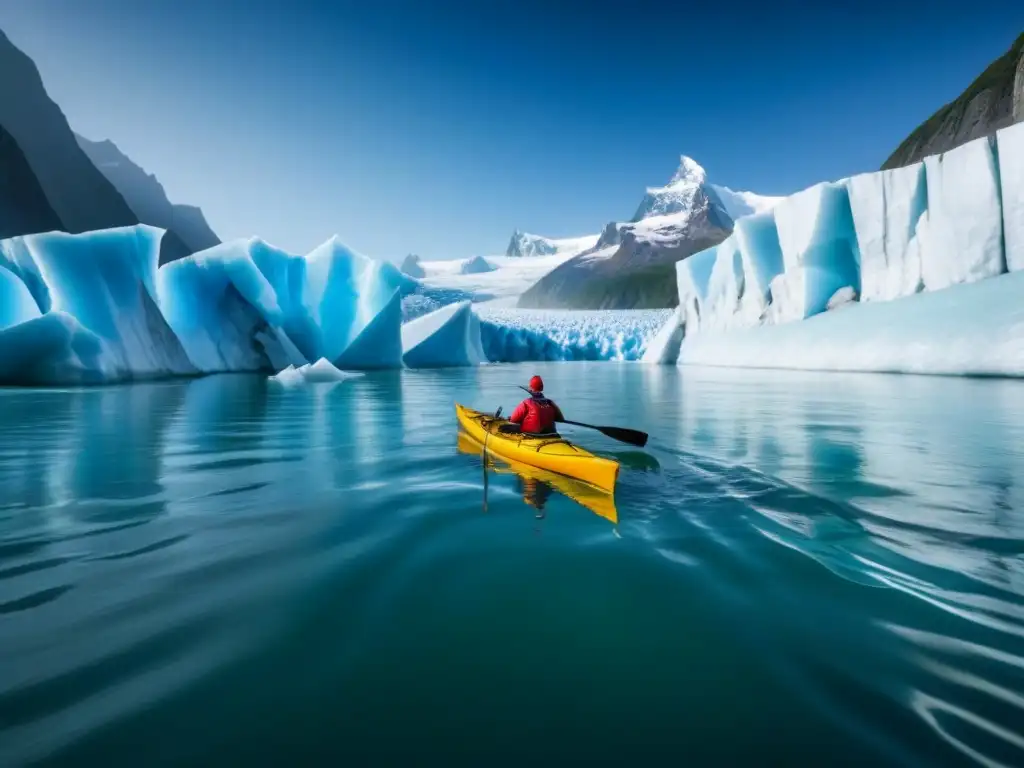 Un intrépido kayakista rema entre imponentes glaciares en un paisaje gélido de ensueño