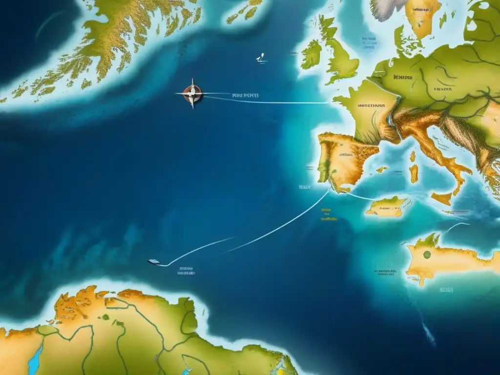 Intrincadas Rutas de Navegación Vikingas detalladas en un mapa minimalista en tonos monocromáticos