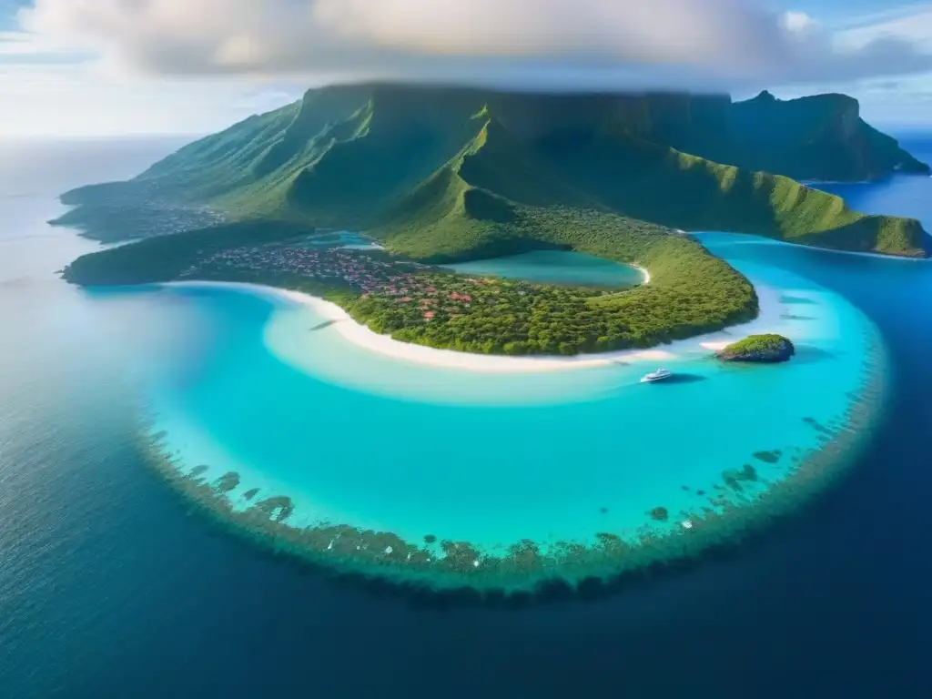 Inversiones en ecoturismo marítimo: Vista aérea de un océano turquesa y costa verde, con barcos coloridos y sol dorado