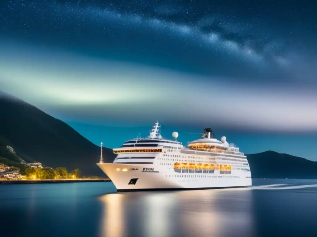 Inversiones exitosas en cruceros: un elegante y moderno crucero navegando bajo un cielo estrellado en aguas tranquilas