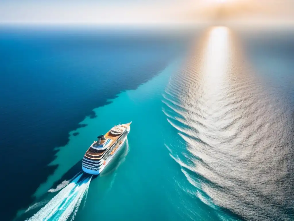 Inversiones en propiedades de cruceros: Un elegante crucero navegando en aguas turquesas, con sillas de cubierta ordenadas y el sol dorado