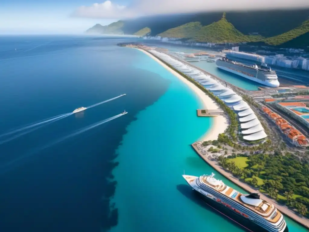 Inversiones rentables en puertos turísticos: Puerto vibrante con lujosos cruceros, costa brillante y palmeras bajo cielo azul