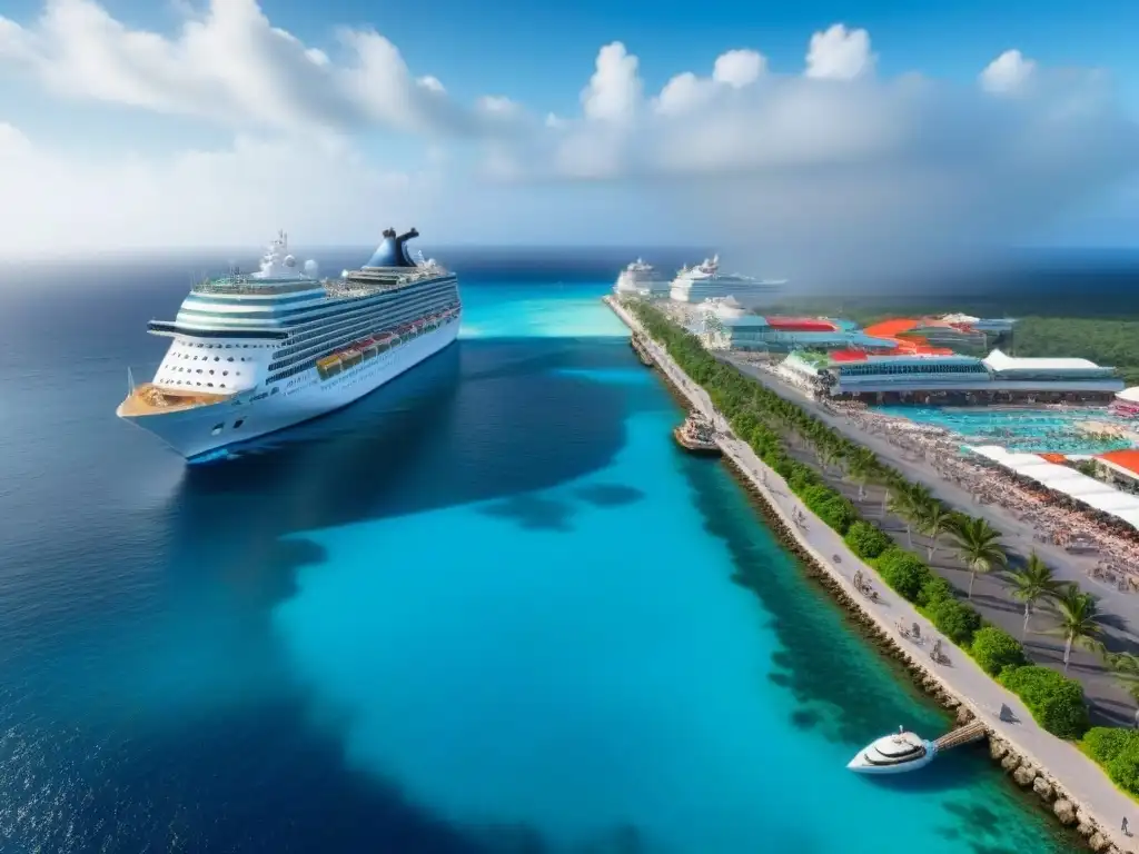 Inversiones rentables en puertos turísticos: Un moderno crucero en Puerto de Cozumel con aguas cristalinas y ambiente vibrante