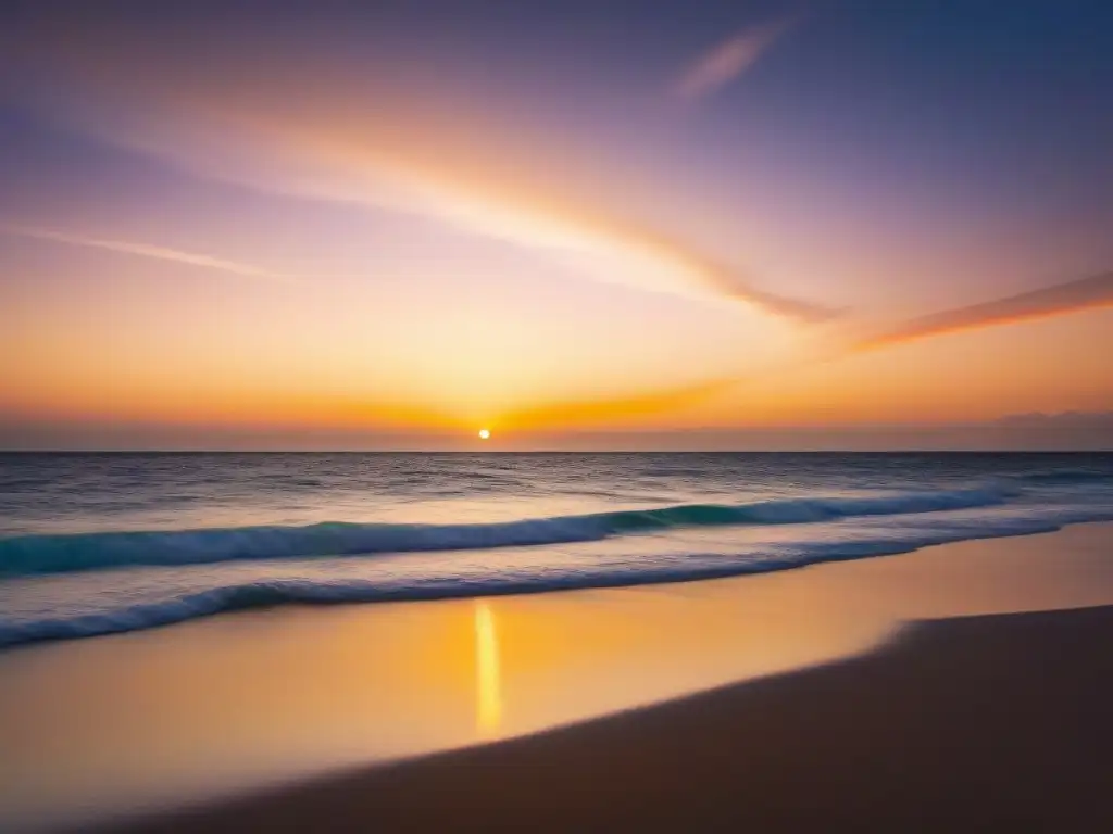 Inversiones en turismo marítimo: Atardecer sereno en playa paradisíaca con aguas tranquilas y cielo dorado