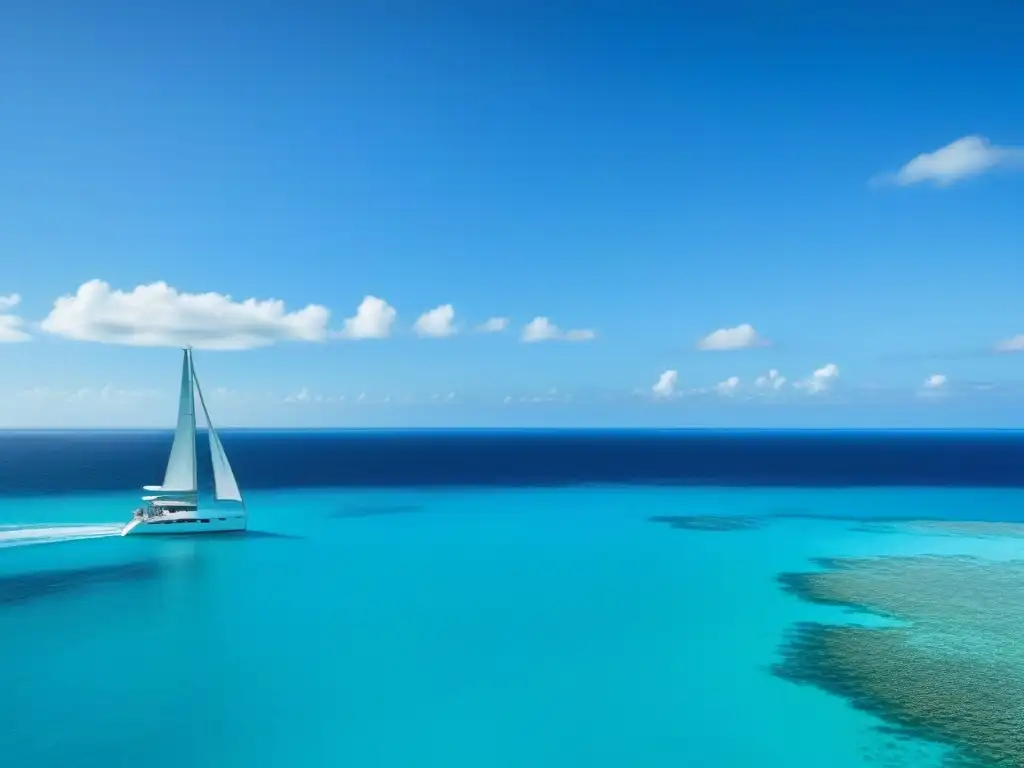 Inversiones verdes en turismo marítimo sostenible: Yate navegando en un océano turquesa cristalino con arrecifes de coral coloridos