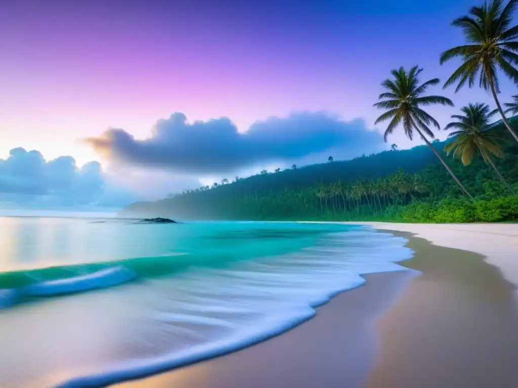 Inversiones verdes en turismo marítimo sostenible: Amanecer sereno en playa tropical con aguas turquesas y bosque verde al fondo