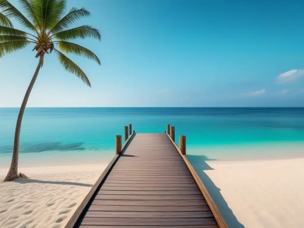 Inversiones verdes en turismo marítimo sostenible: Playa prístina con muelle de madera, palmeras y aguas turquesa