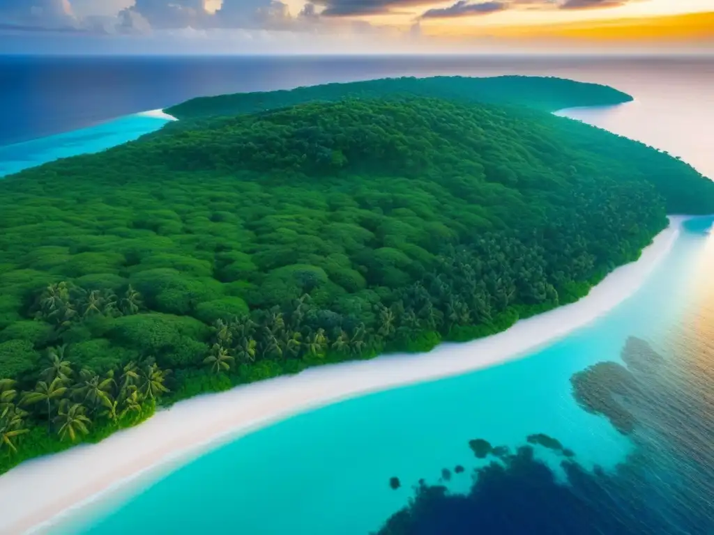 Isas privadas lujosas acceso: paraíso isleño con aguas turquesas, playas blancas, vegetación exuberante y villas lujosas al atardecer dorado