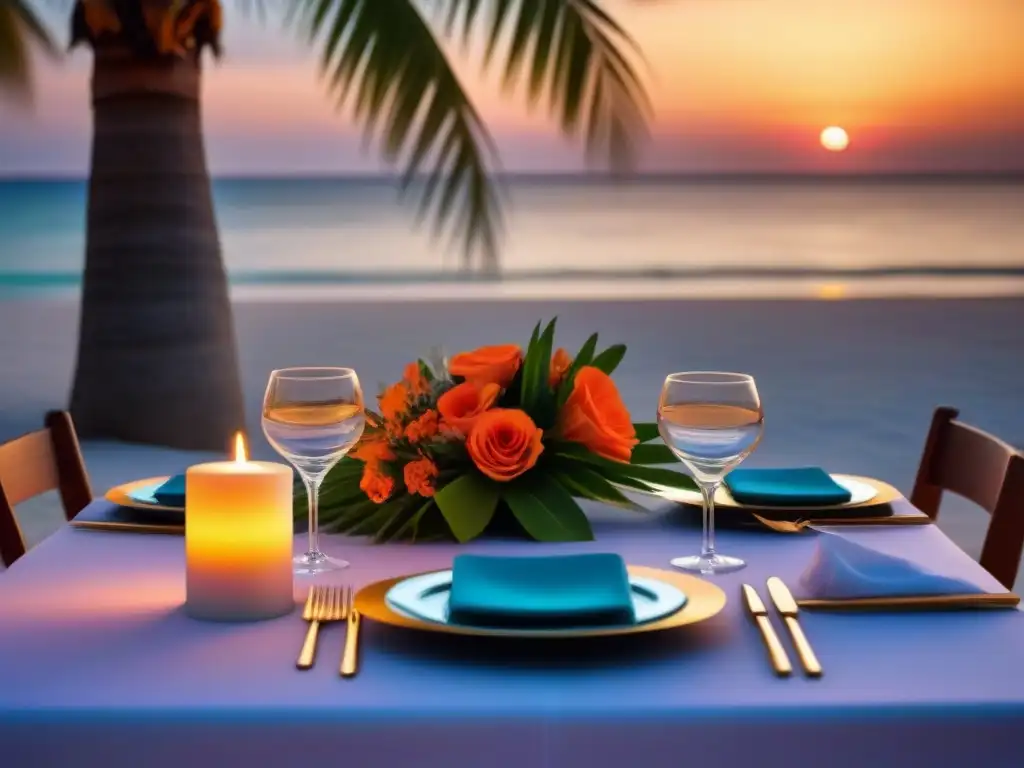 Una isla privada marítima con mesa elegante y festín gourmet bajo una palmera al atardecer