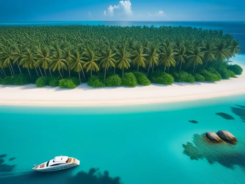 Una isla privada de ensueño con aguas turquesas, playas de arena blanca, palmeras y un lujoso yate cerca de la costa