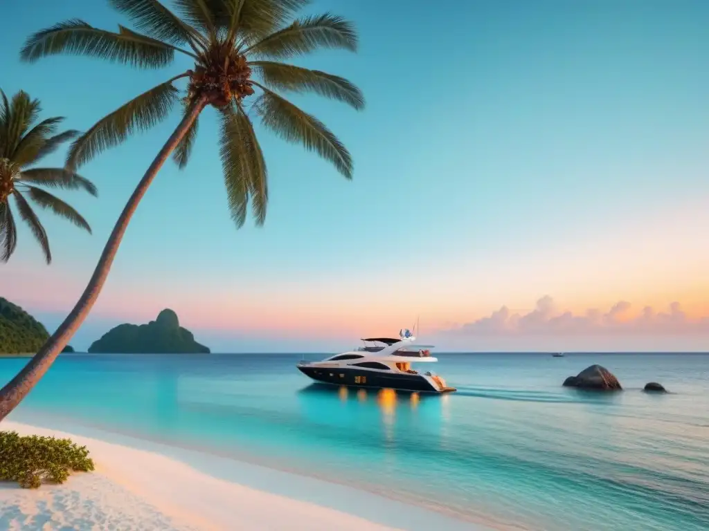 Una isla privada de ensueño con pareja disfrutando del atardecer en una playa de arena blanca