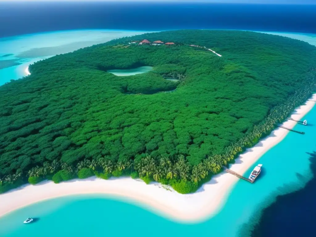 Una isla privada de ensueño, rodeada de aguas turquesas cristalinas y playas de arena blanca, con una lujosa villa frente al mar