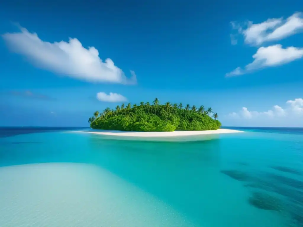 Una isla privada exclusiva con aguas turquesas, playas de arena blanca, villas lujosas entre vegetación, yates cerca y cielo azul