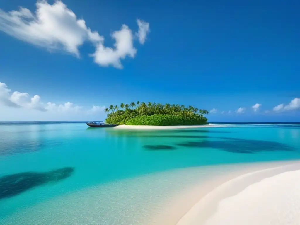 Isla privada de lujo con aguas turquesas cristalinas, playas de arena blanca y yate anclado