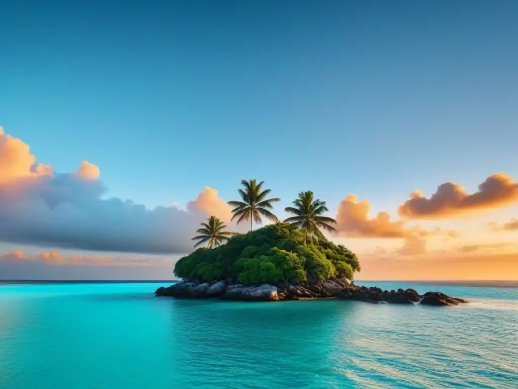 Una isla privada paradisíaca, con aguas cristalinas y una palmera solitaria al atardecer