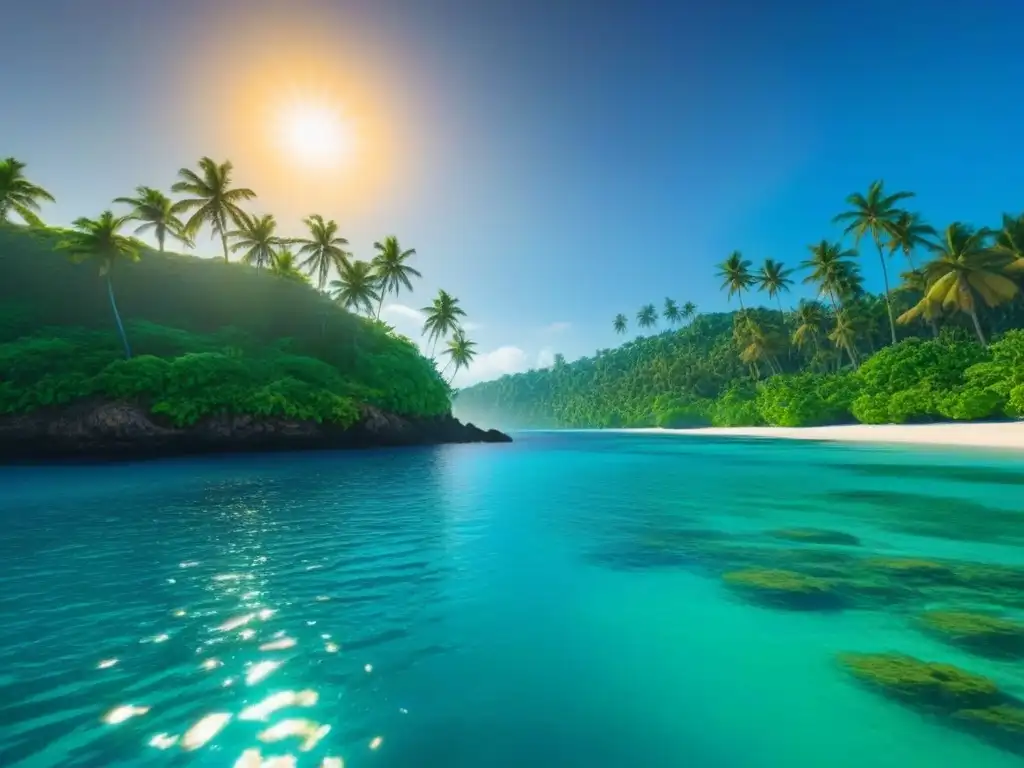 Una isla virgen rodeada de aguas cristalinas, palmeras verdes y aves tropicales, con arrecifes de coral llenos de vida marina