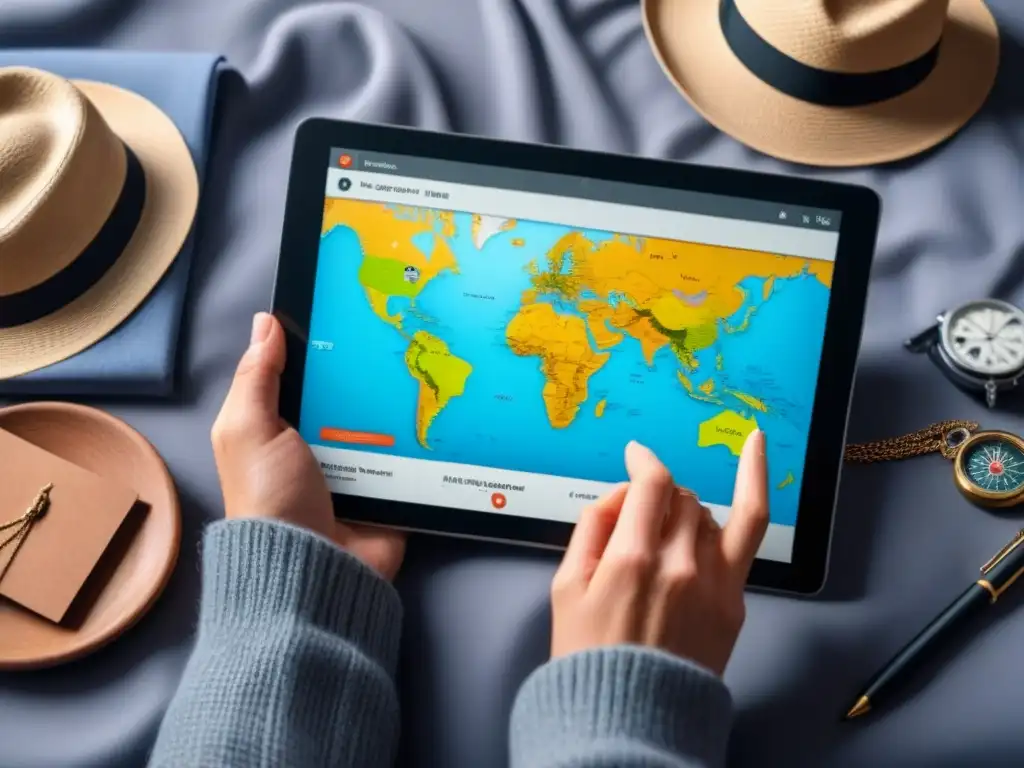 Un itinerario de viaje personalizado en una tableta digital, con elementos de decoración de viaje y un elegante mapa