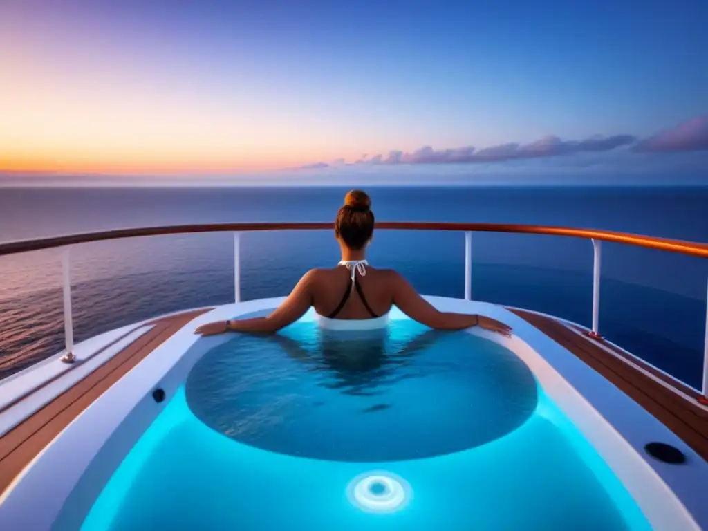 Jacuzzi de lujo en crucero, con vista al mar y atardecer deslumbrante