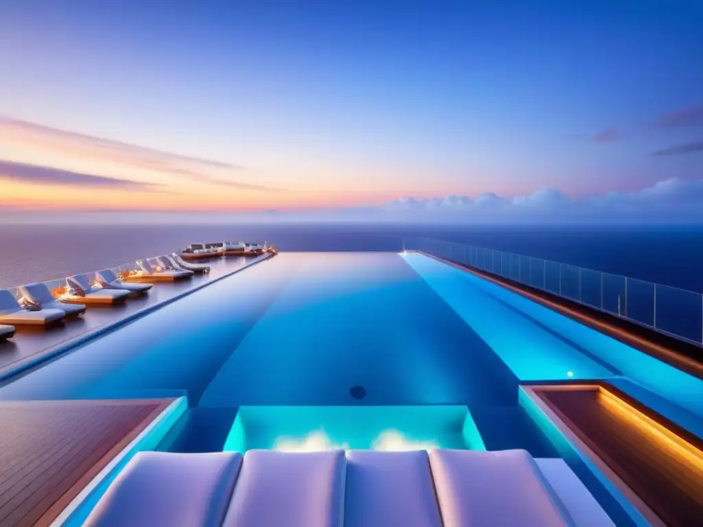 Jacuzzis en cruceros de lujo: Infinity pool en un crucero, aguas azules se funden con el horizonte al atardecer