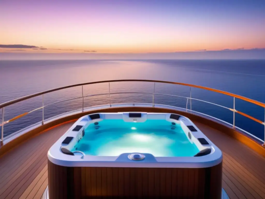 Jacuzzis en cruceros de lujo: Un oasis de lujo en cubierta, con vista al mar y atardecer vibrante, rodeado de elegante mobiliario