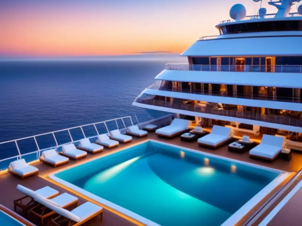 Jacuzzis en cruceros de lujo: Infinity pool con vista al mar y atardecer, rodeada de elegantes camas blancas y toallas