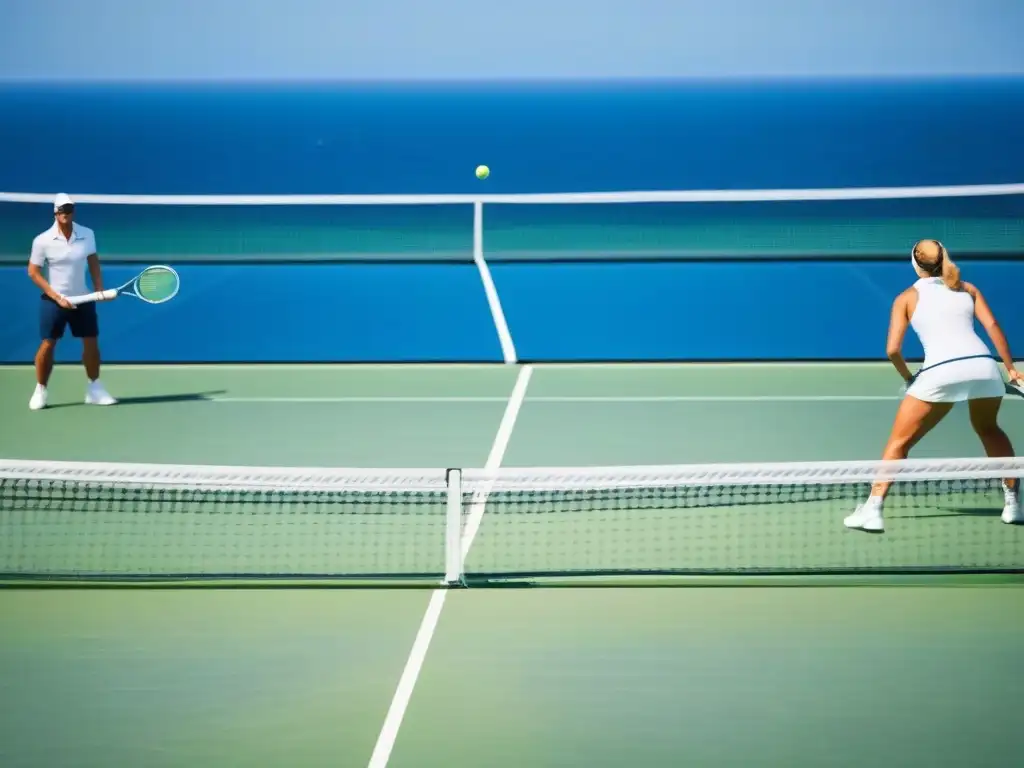 Dos jugadores de tenis en un lujoso crucero, compitiendo en un torneo bajo el cielo abierto