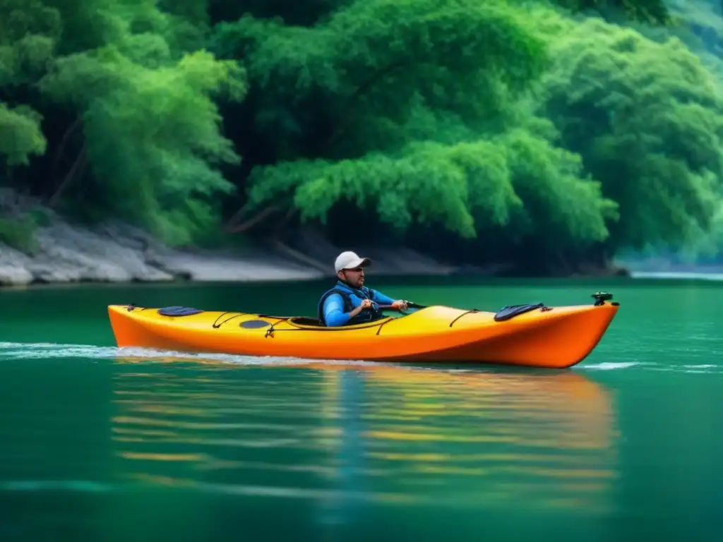 Un kayak naranja en agua cristalina rodeado de vegetación, ideal para rutas de kayak turismo marítimo