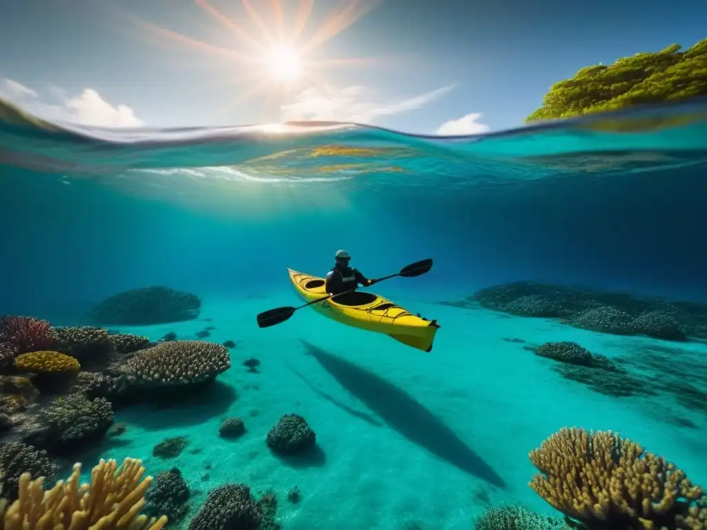 Un kayak surca aguas turquesas entre corales vibrantes