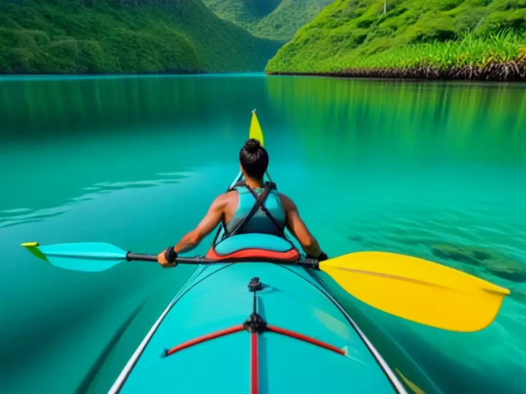 Un kayak surcando aguas turquesas en una isla remota, rodeado de exuberante vegetación