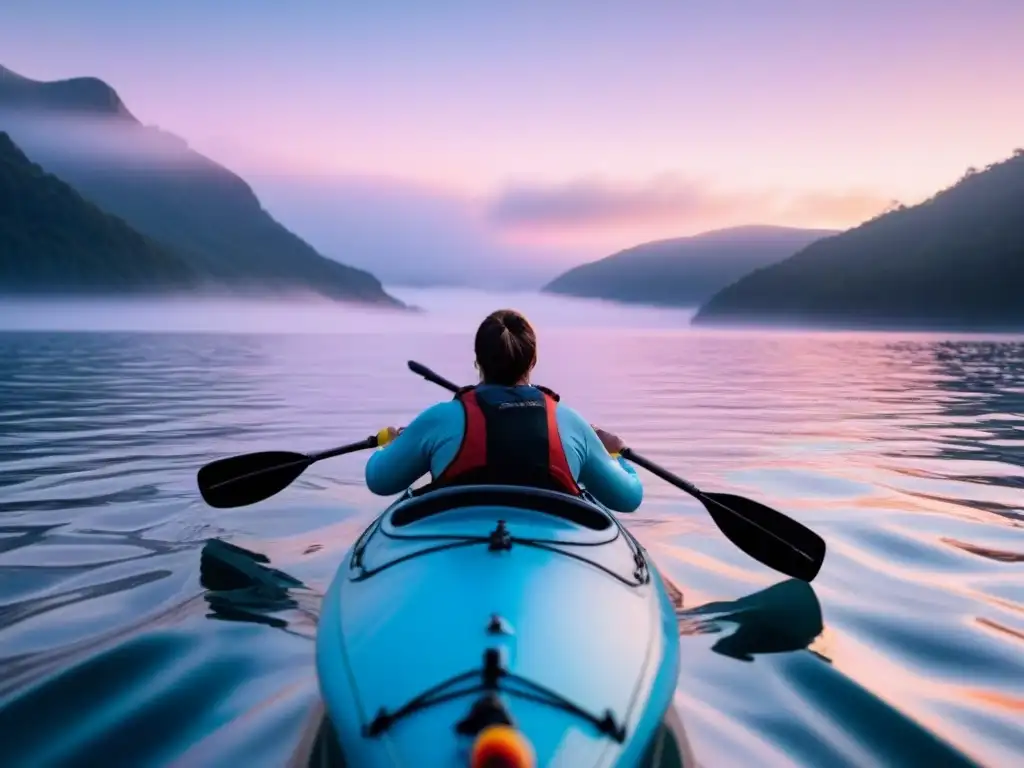 Un kayak azul intenso deslizándose suavemente sobre aguas tranquilas al amanecer