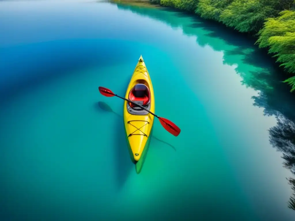 Un kayak colorido flotando en aguas cristalinas, rodeado de vegetación exuberante y cielo azul