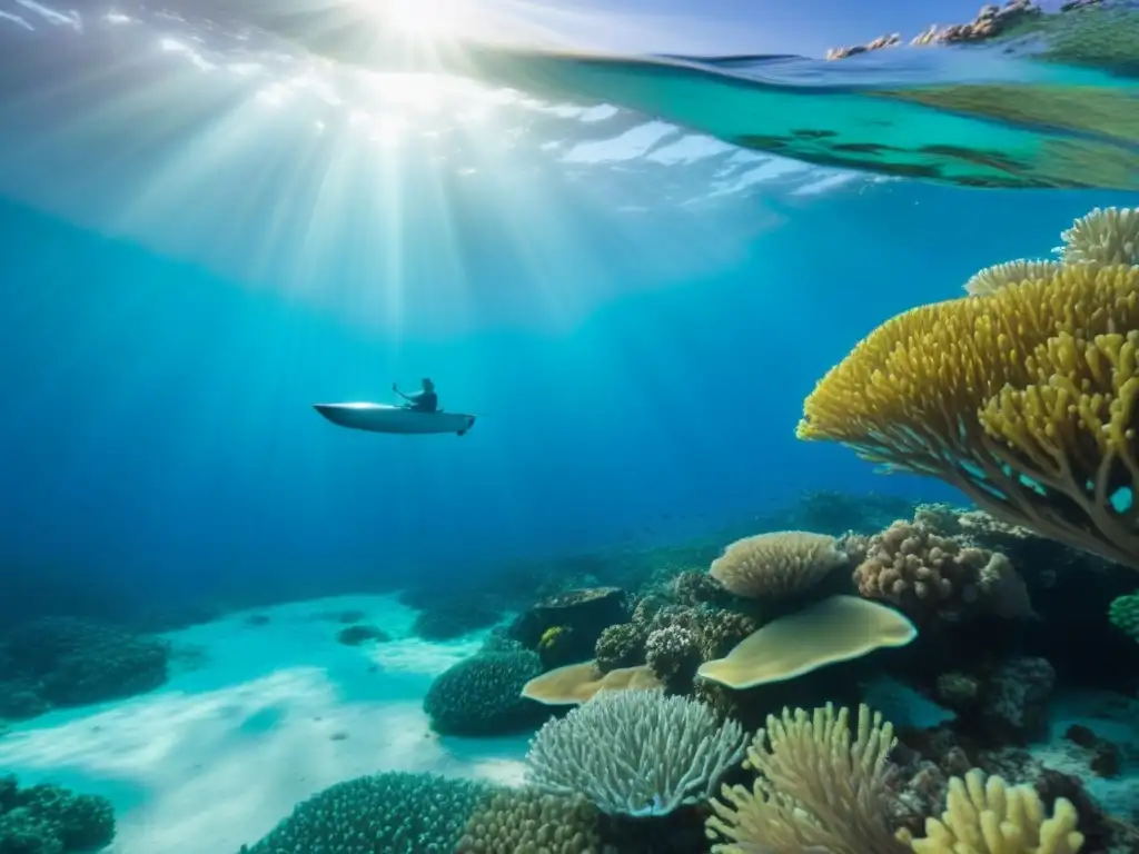 Un kayak surcando corales vibrantes bajo el sol, rodeado de peces tropicales