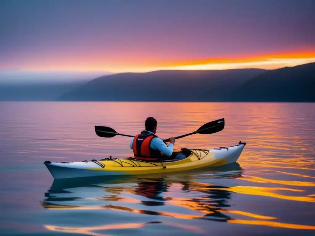 Un kayak elegante surcando aguas tranquilas al atardecer, reflejando la tranquilidad de una expedición de kayak turismo marítimo