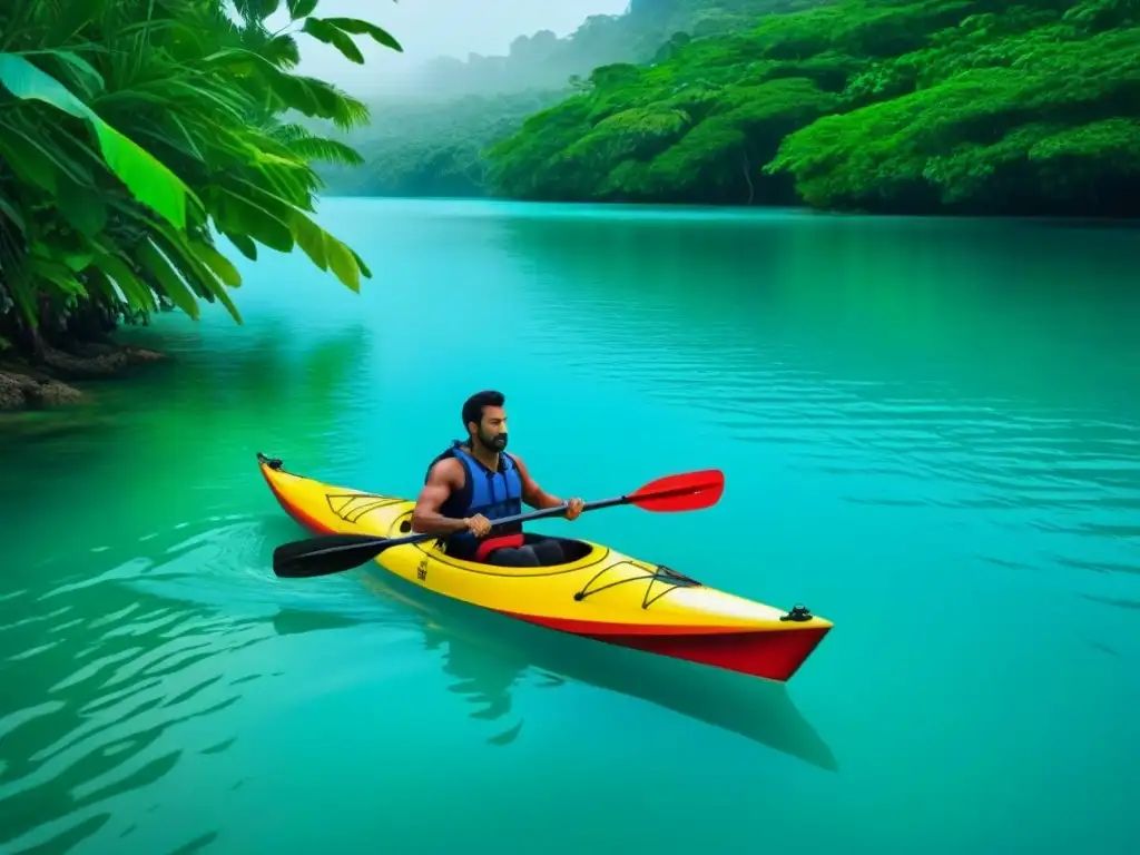 Un kayak elegante surca aguas turquesas rodeado de exuberante vegetación tropical