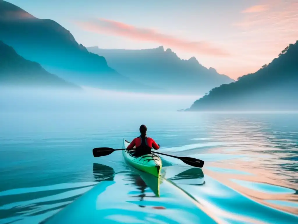 Expedición de kayak turismo marítimo: Un kayak elegante surcando aguas turquesas al amanecer