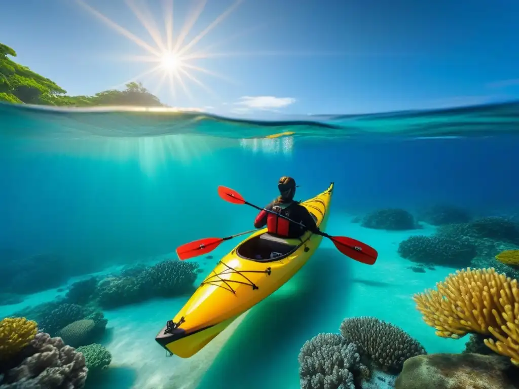 Un kayak elegante surca aguas turquesas cristalinas rodeado de corales vibrantes y peces coloridos