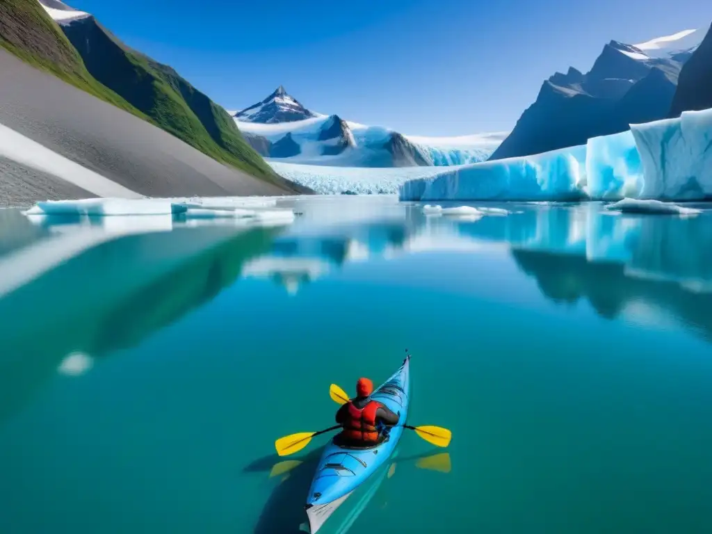 Un kayak entre glaciares en un paisaje majestuoso y sereno