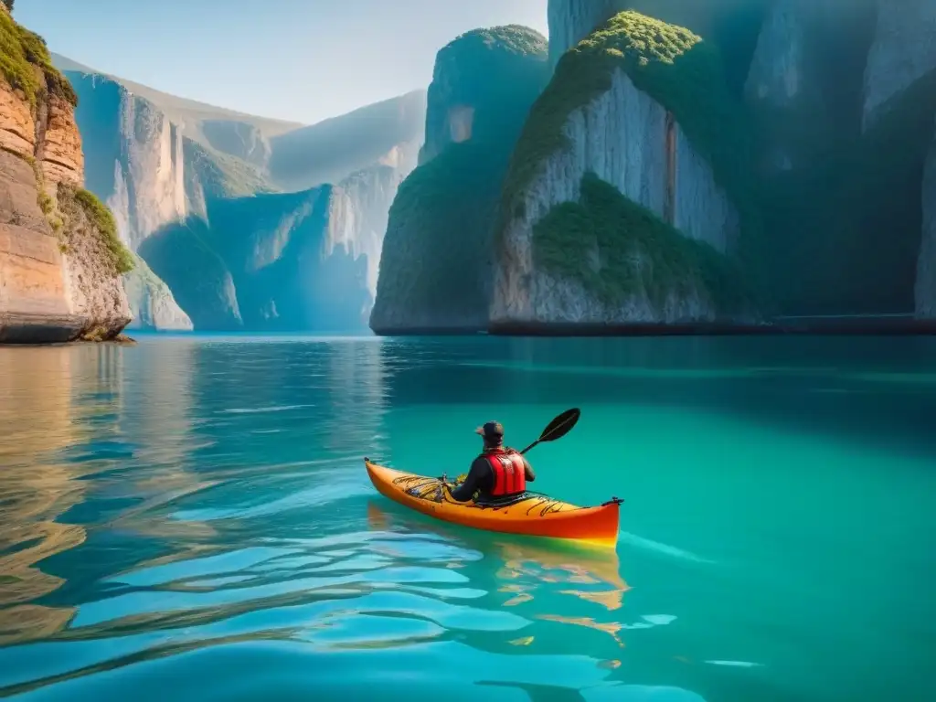 Un kayak marino surca aguas cristalinas al atardecer, mostrando la esencia de destinos kayakistas aventureros marítimos