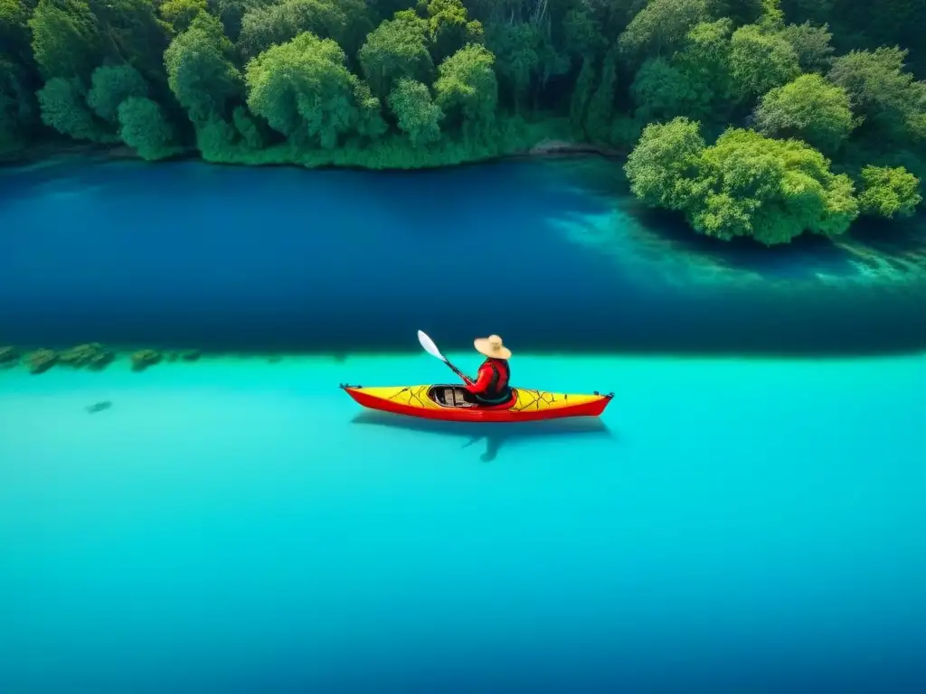 Un kayak negro flota en aguas turquesas, rodeado de vegetación, bajo un cielo azul