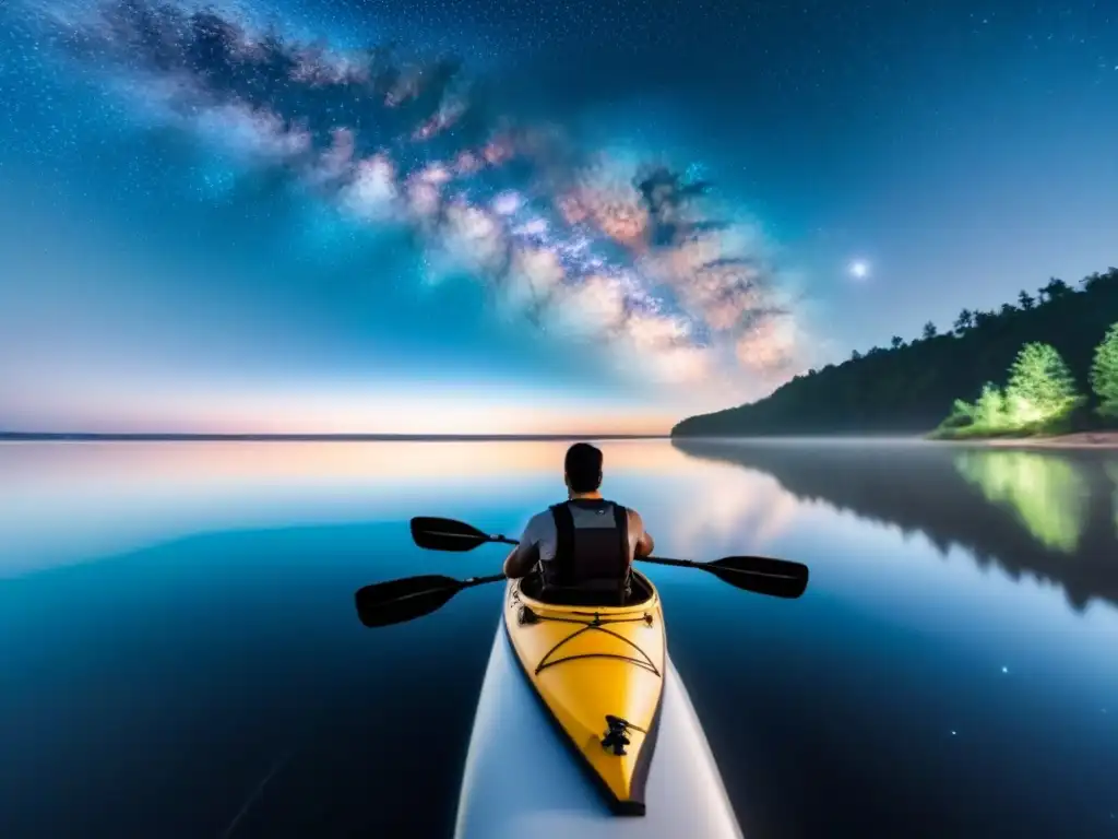 Un kayak nocturno bajo estrellas, deslizándose en aguas calmadas con la Vía Láctea brillando en el cielo oscuro