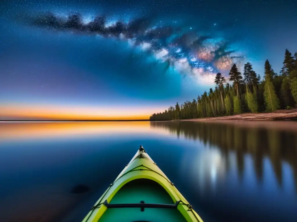 Un kayak nocturno bajo estrellas, iluminado por la suave luz de una linterna, en aguas tranquilas