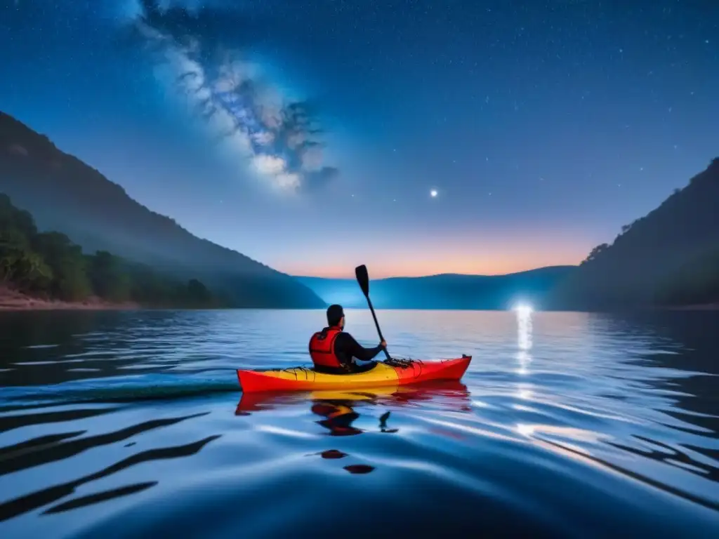 Kayak nocturno bajo estrellas: Un kayak surca suavemente un cuerpo de agua tranquilo bajo un cielo estrellado y la brillante luz de la luna