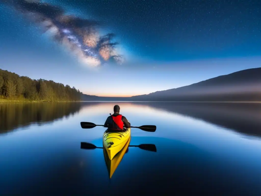 Un kayak nocturno bajo estrellas deslizándose suavemente en un lago tranquilo