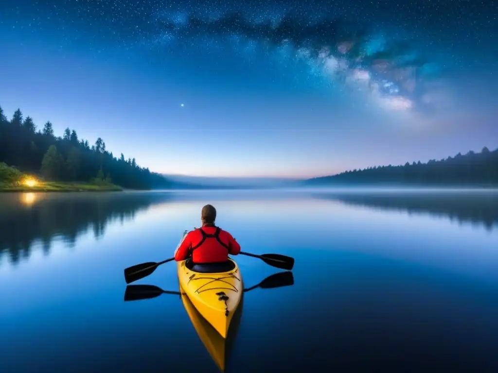 Un kayak nocturno bajo estrellas en un lago tranquilo, reflejando la magia de la noche