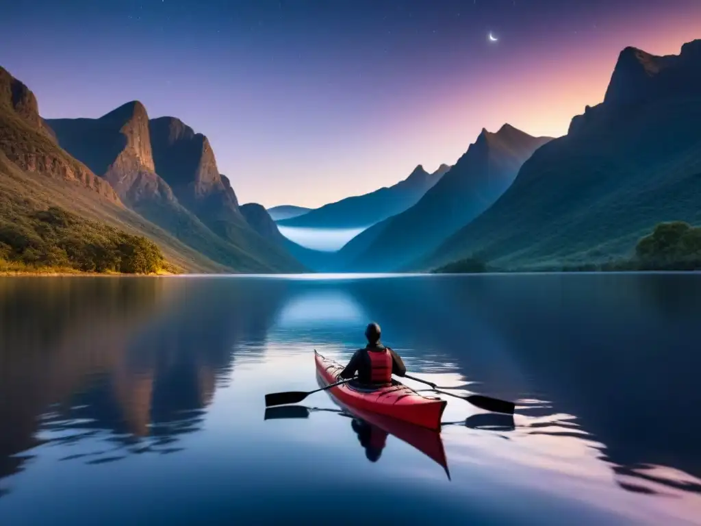 Kayak nocturno bajo estrellas en lago tranquilo con montañas siluetadas y reflejo de la luna