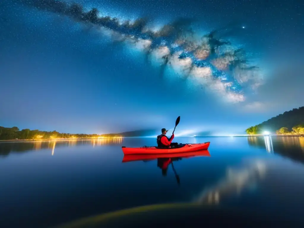 Kayak nocturno bajo estrellas: Un paisaje sereno donde un kayak se desliza suavemente bajo un manto estrellado