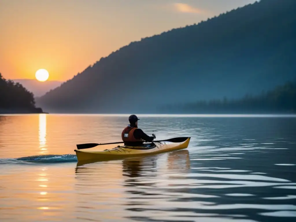 Un kayak solitario en aguas tranquilas al atardecer, reflejando la calma y la aventura con la guía kayak perfecto para principiantes