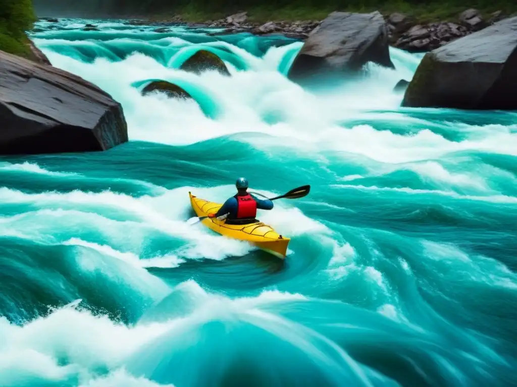 Un kayak solitario surca aguas turbulentas entre acantilados altos