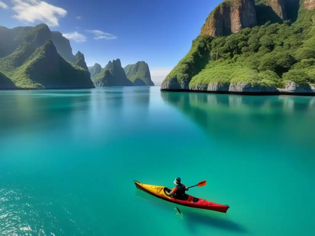 Expedición de kayak turismo marítimo: Un kayak solitario surcando aguas turquesas entre acantilados y peces coloridos